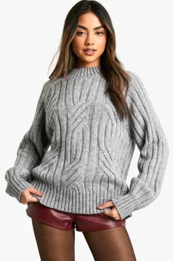 Jumpers|Jumpers & Cardigans*boohoo Chunky Cable Detail Knitted Balloon Sleeve Jumper grey marl