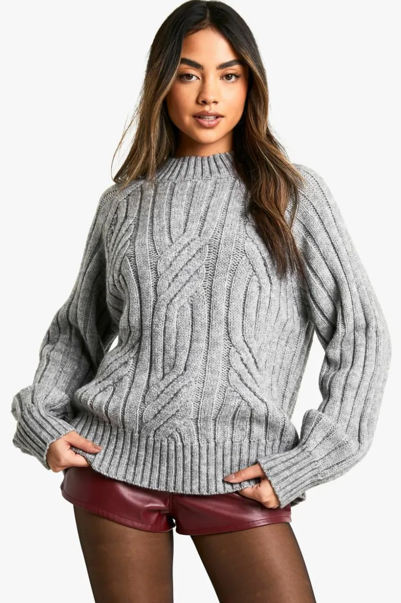 Jumpers|Jumpers & Cardigans*boohoo Chunky Cable Detail Knitted Balloon Sleeve Jumper grey marl