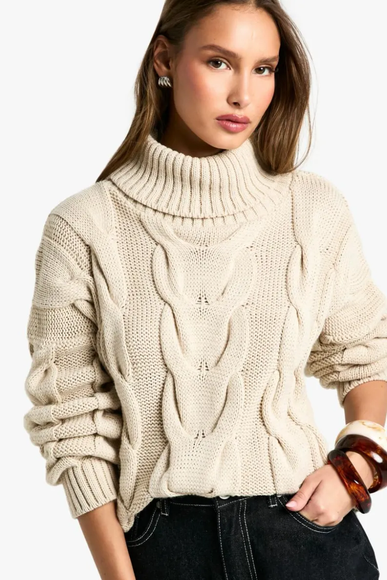 Oversized Jumpers|Jumpers*boohoo Chunky Cable Knitted Roll Neck Oversized Jumper stone