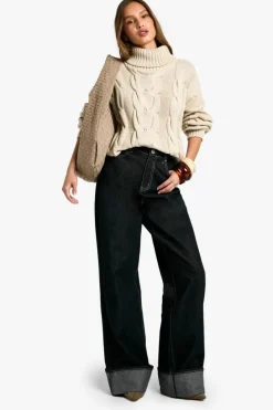 Oversized Jumpers|Jumpers*boohoo Chunky Cable Knitted Roll Neck Oversized Jumper stone