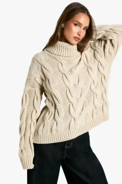 Oversized Jumpers|Jumpers*boohoo Chunky Cable Knitted Roll Neck Oversized Jumper stone