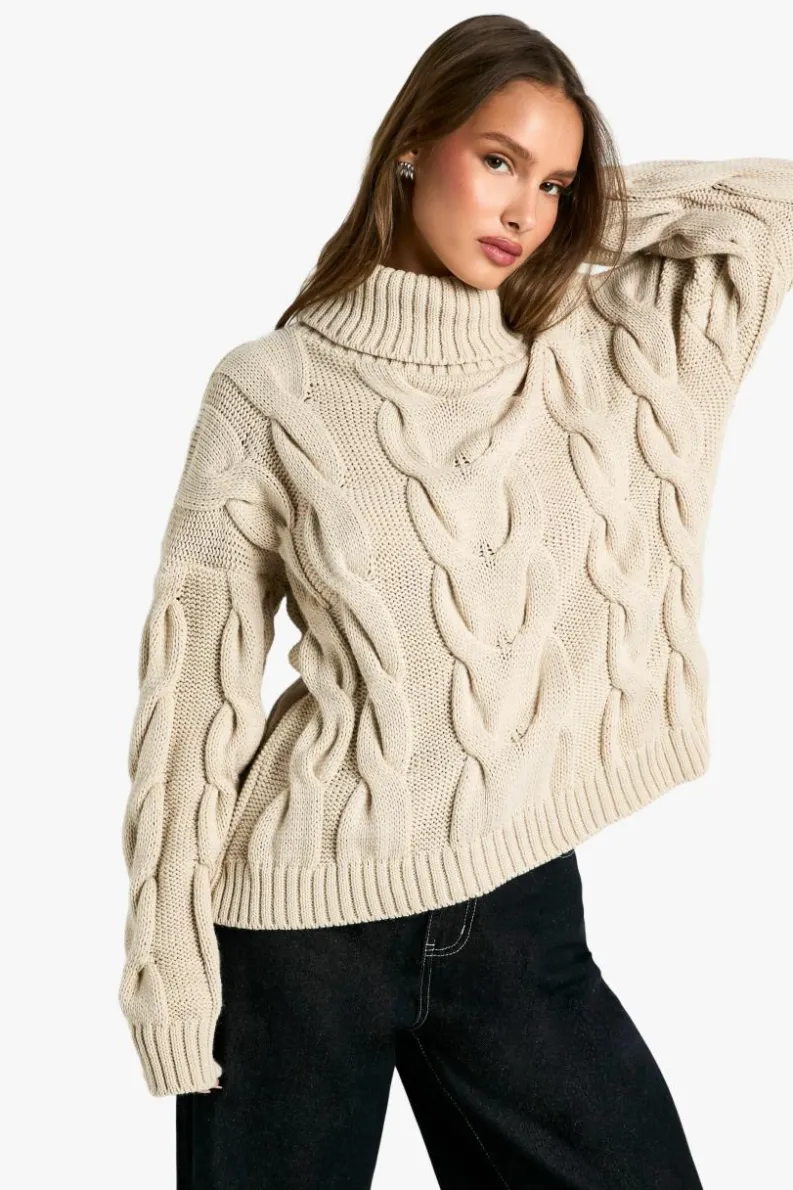 Oversized Jumpers|Jumpers*boohoo Chunky Cable Knitted Roll Neck Oversized Jumper stone