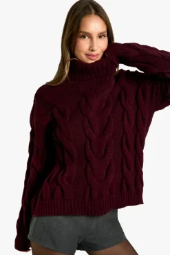 Oversized Jumpers|Jumpers*boohoo Chunky Cable Knitted Roll Neck Oversized Jumper plum