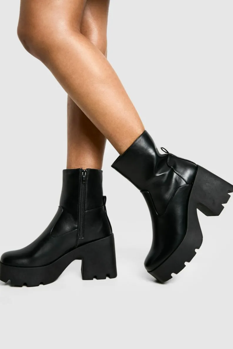 Chunky Boots|Heeled Boots*boohoo Chunky Heeled Sock Ankle Boots black