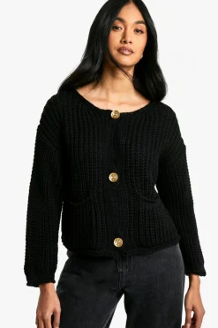 Cardigans*boohoo Chunky Knit Button Detail Oversized Knitted Cardigan black