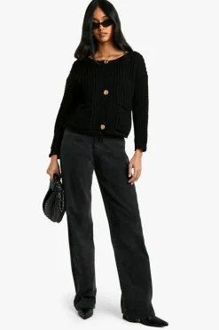Cardigans*boohoo Chunky Knit Button Detail Oversized Knitted Cardigan black