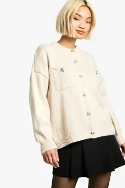 Cardigans*boohoo Chunky Knit Button Detail Oversized Cardigan cream