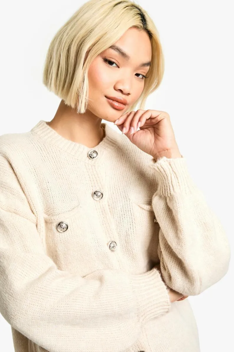 Cardigans*boohoo Chunky Knit Button Detail Oversized Cardigan cream