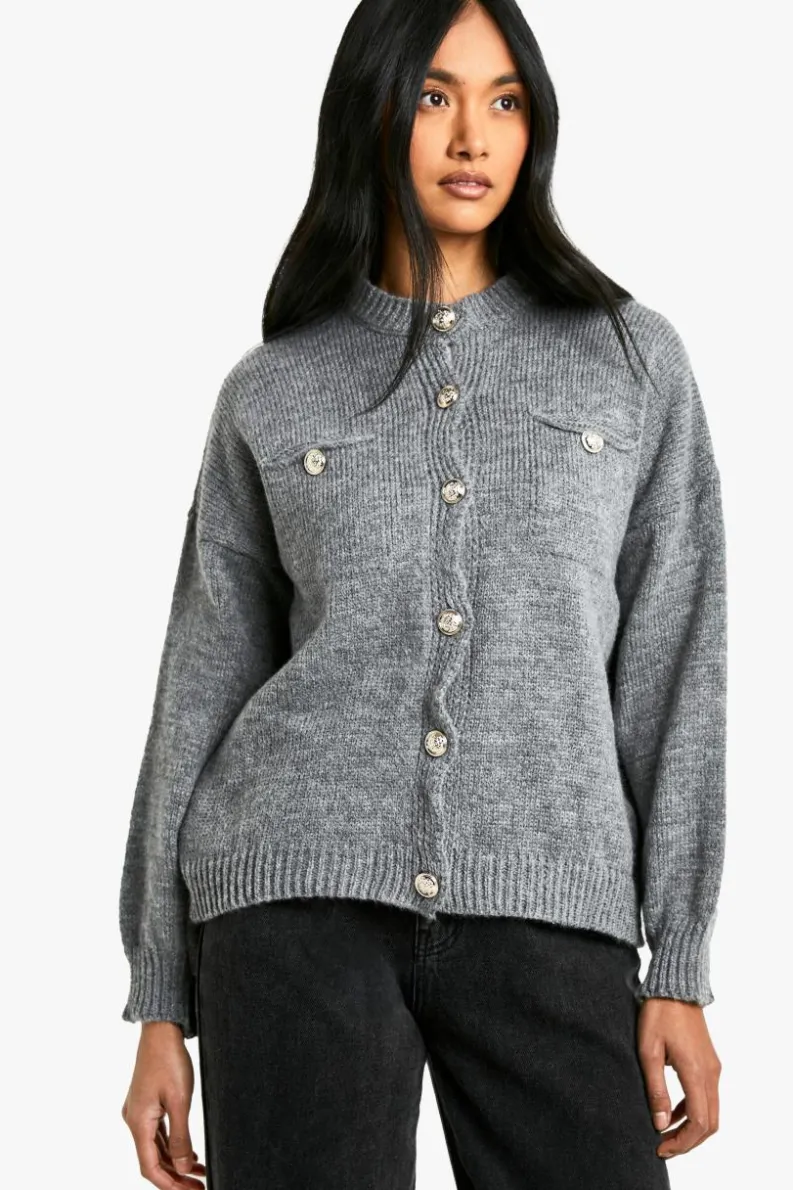 Cardigans*boohoo Chunky Knit Button Detail Oversized Cardigan charcoal