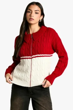Jumpers|Knitwear*boohoo Chunky Knit Cable Detail Zip Through Colla Jumper red