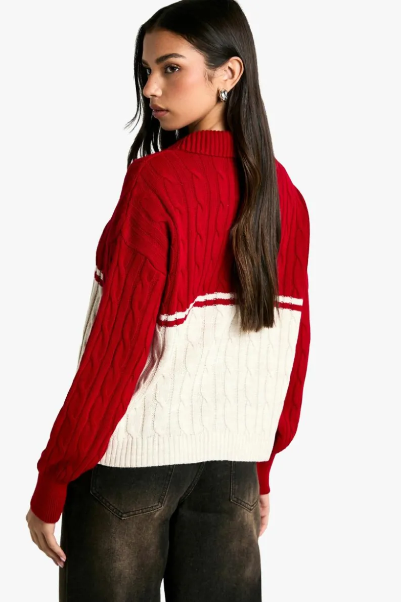 Jumpers|Knitwear*boohoo Chunky Knit Cable Detail Zip Through Colla Jumper red