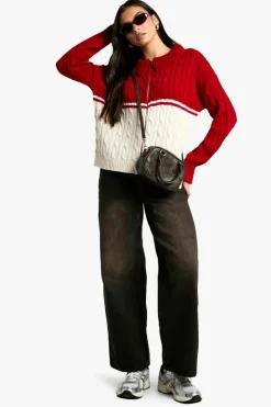 Jumpers|Knitwear*boohoo Chunky Knit Cable Detail Zip Through Colla Jumper red