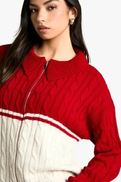 Jumpers|Knitwear*boohoo Chunky Knit Cable Detail Zip Through Colla Jumper red