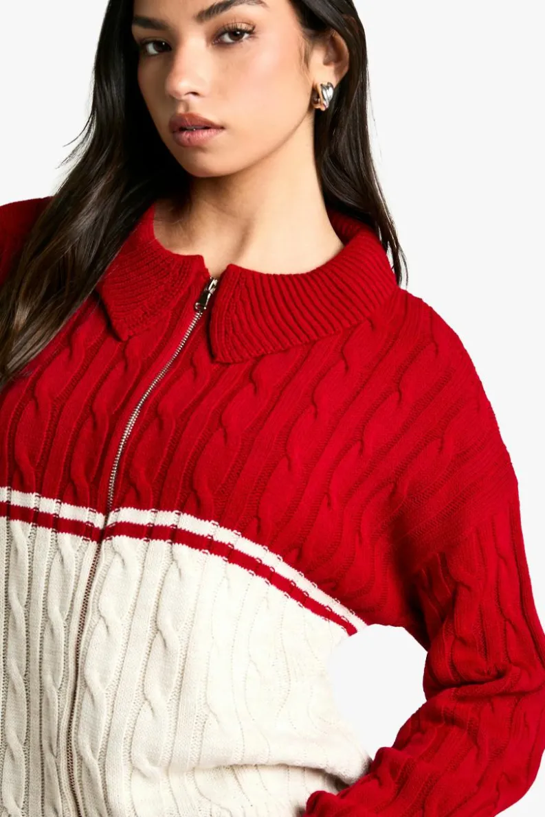 Jumpers|Knitwear*boohoo Chunky Knit Cable Detail Zip Through Colla Jumper red