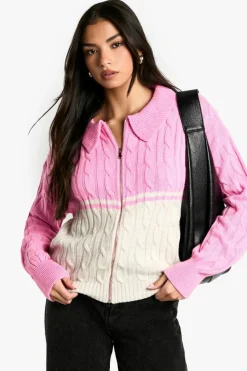 Jumpers|Knitwear*boohoo Chunky Knit Cable Detail Zip Through Collared Jumper pink