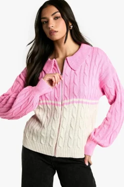 Jumpers|Knitwear*boohoo Chunky Knit Cable Detail Zip Through Collared Jumper pink