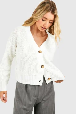 Cardigans|Knitwear*boohoo Chunky Knit Cropped Cardigan cream
