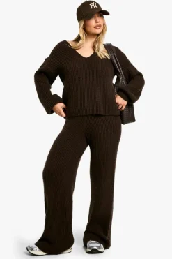 Knitted Co-Ords|Knitwear*boohoo Chunky Knit Extreme V Neck Jumper and Wide Leg Trouser Knitted Co-Ord choc brown
