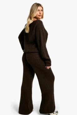 Knitted Co-Ords|Knitwear*boohoo Chunky Knit Extreme V Neck Jumper and Wide Leg Trouser Knitted Co-Ord choc brown