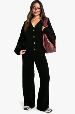 Knitted Co-Ords|Knitwear*boohoo Chunky Knit Oversized Cardigan and Wide Leg Trouser Co-Ord black