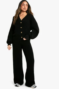 Knitted Co-Ords|Knitwear*boohoo Chunky Knit Oversized Cardigan and Wide Leg Trouser Co-Ord black