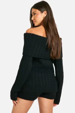 Knitted Co-Ords|Shorts*boohoo Chunky Knitted Bardot Jumper & Short Co-ord black