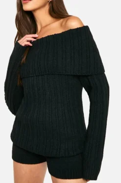 Knitted Co-Ords|Shorts*boohoo Chunky Knitted Bardot Jumper & Short Co-ord black