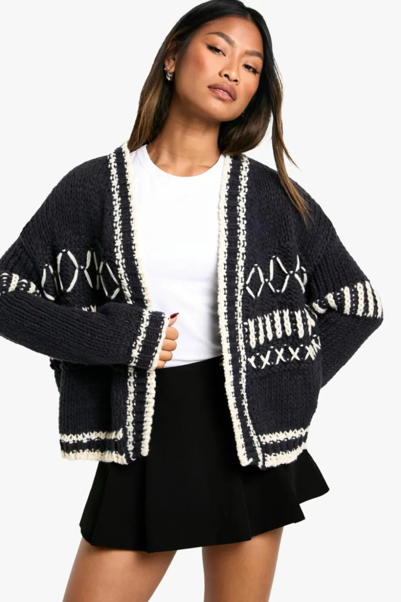 Cardigans*boohoo Chunky Knitted Contrast Stitch Cardigan navy