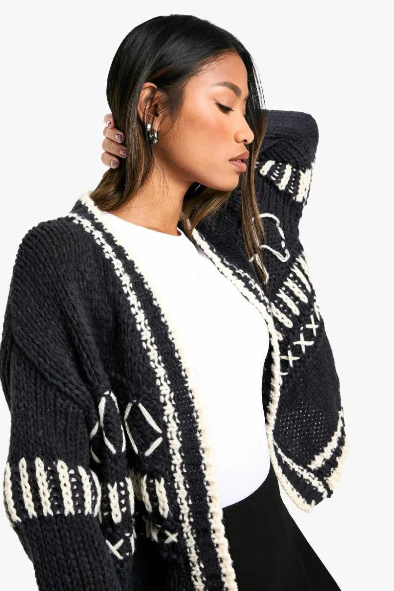 Cardigans*boohoo Chunky Knitted Contrast Stitch Cardigan navy