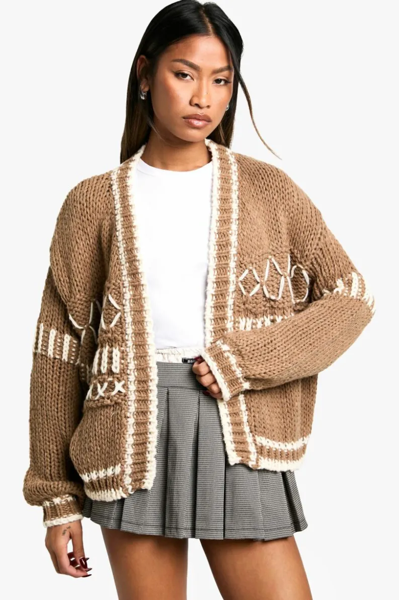 Cardigans*boohoo Chunky Knitted Contrast Stitch Cardigan camel