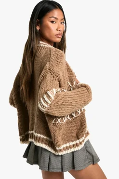 Cardigans*boohoo Chunky Knitted Contrast Stitch Cardigan camel