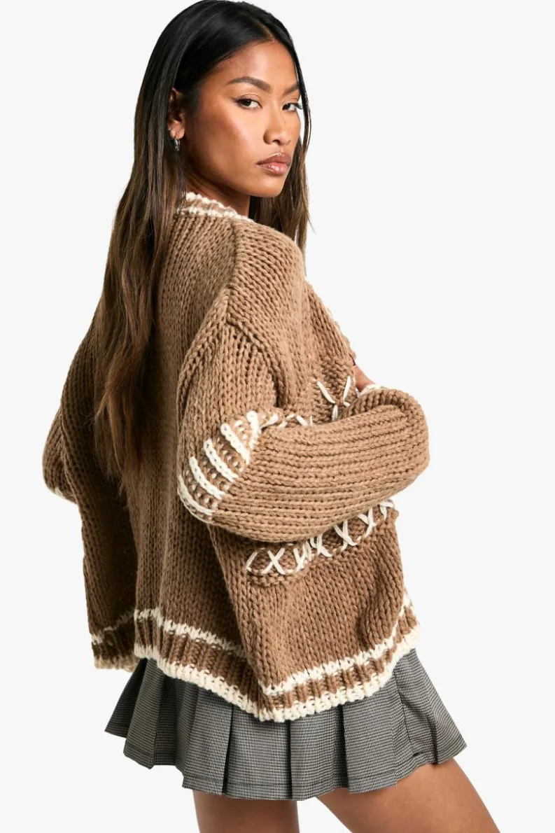 Cardigans*boohoo Chunky Knitted Contrast Stitch Cardigan camel