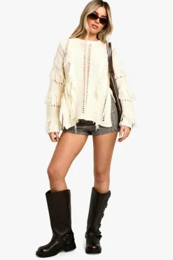 Jumpers*boohoo Chunky Knitted Fringe Detail Jumper stone
