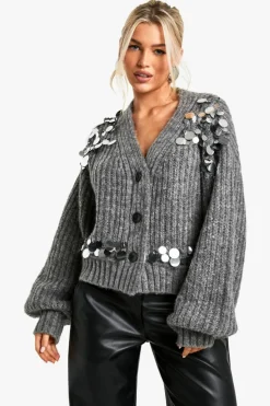 Cardigans*boohoo Chunky Knitted Sequin Disk Detail Cardigan grey