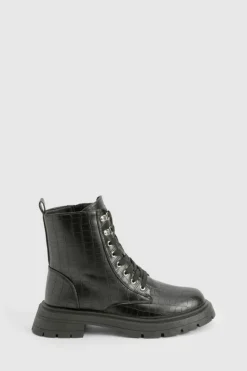 Chunky Boots|Biker Boots*boohoo Chunky Lace Up Croc Hiker Boots black