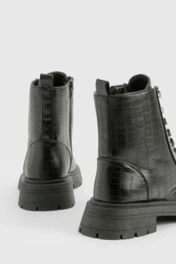Chunky Boots|Biker Boots*boohoo Chunky Lace Up Croc Hiker Boots black