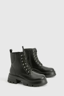 Chunky Boots|Biker Boots*boohoo Chunky Lace Up Hiker Boots black