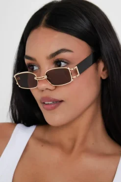 Sunglasses*My Accessories London Chunky Metal Frame Rectangle Sunglasses in and Gold Brown