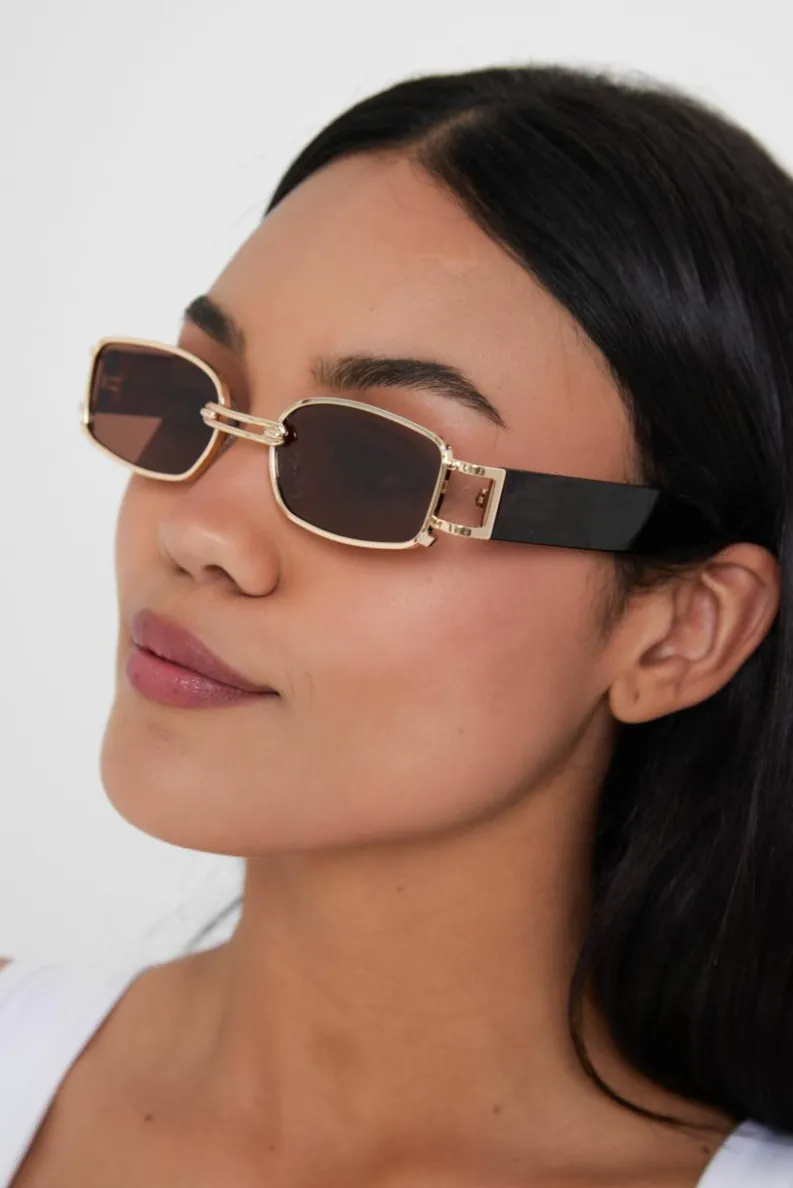 Sunglasses*My Accessories London Chunky Metal Frame Rectangle Sunglasses in and Gold Brown