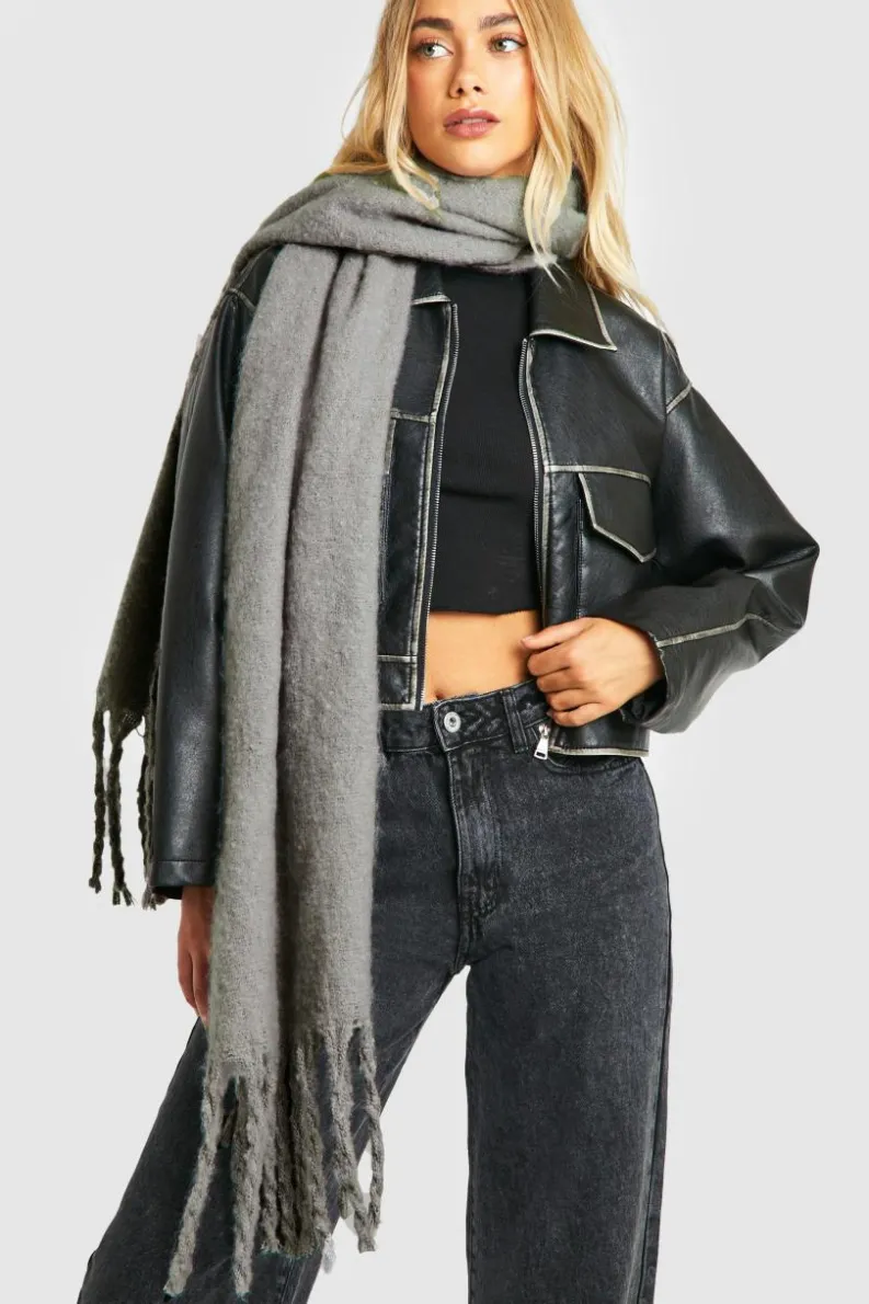 Hats & Gloves|Hats & Gloves*boohoo Chunky Oversized Fringe Scarf light grey