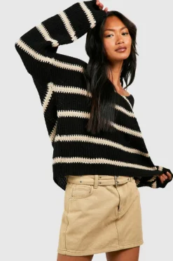 Oversized Jumpers|Jumpers*boohoo Chunky Oversized Stripe V Neck Jumper black