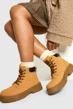 Chunky Boots|Biker Boots*boohoo Chunky Padded Lace Up Hiker Boots tan