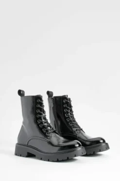 Chunky Boots|Biker Boots*boohoo Chunky Patent Lace Up Hiker Boots black