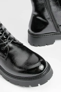 Chunky Boots|Biker Boots*boohoo Chunky Patent Lace Up Hiker Boots black