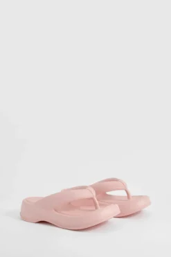 Sandals*boohoo Chunky Platform Square Toe Flip Flops baby pink