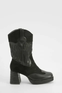 Chunky Boots|Cowboy Boots*boohoo Chunky Platform Western Heeled Boots black
