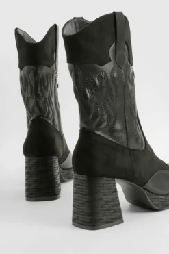Chunky Boots|Cowboy Boots*boohoo Chunky Platform Western Heeled Boots black