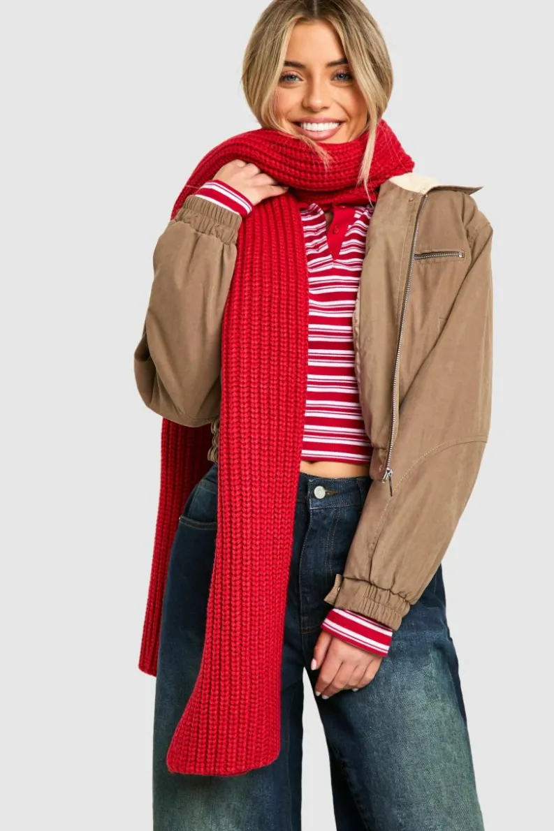 Hats & Gloves|Hats & Gloves*boohoo Chunky Ribbed Knit Long Scarf red