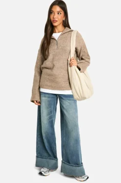 Jumpers|Jumpers & Cardigans*boohoo Chunky Soft Knit Half Zip Jumper taupe