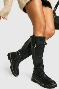Over The Knee Boots|Chunky Boots*boohoo Chunky Sole Harness Detail Knee High Boots black